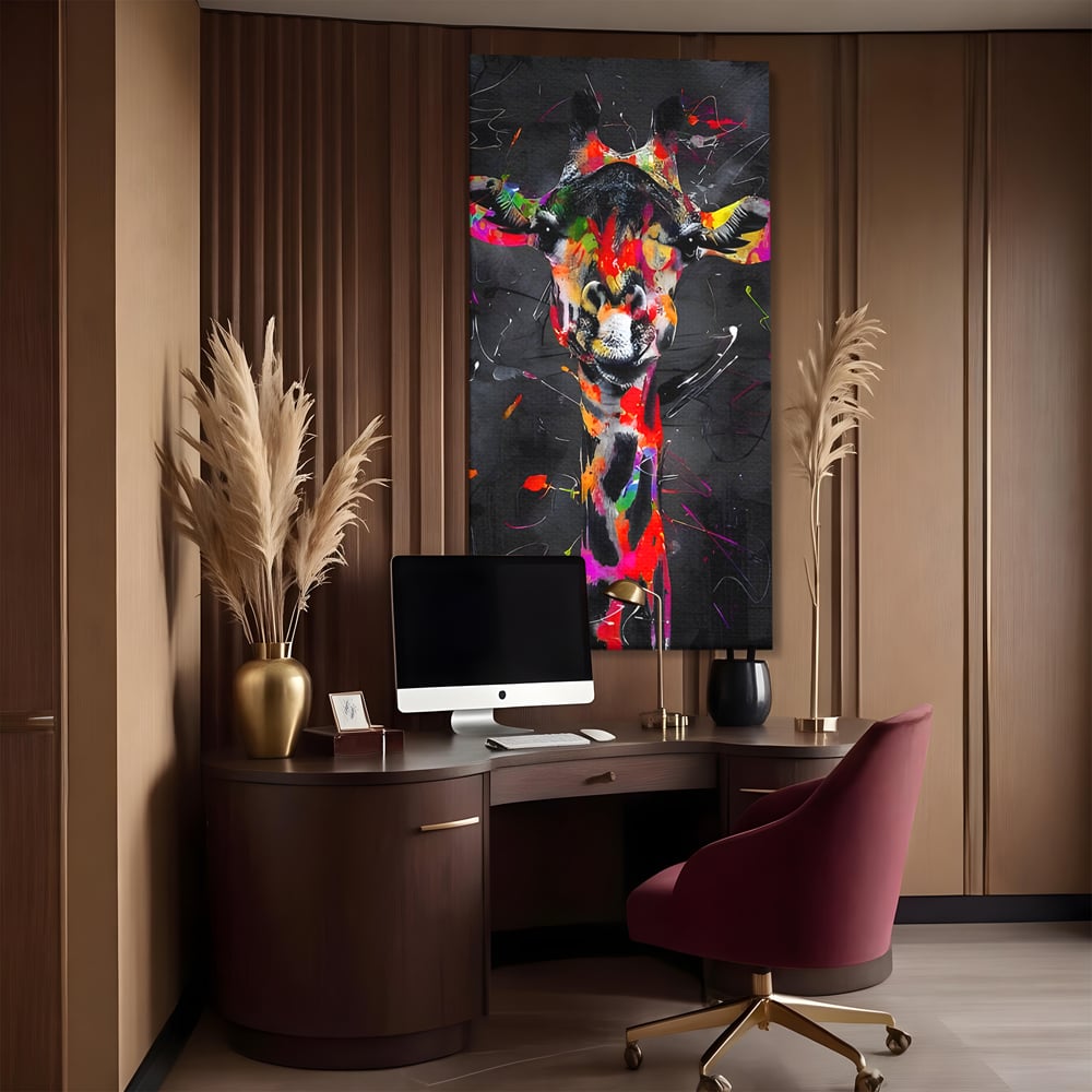 Tablou canvas cu tablou canvas cu girafa multicolor, fara rama, pe sasiu de lemn, pe perete intr-un birou
